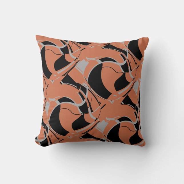 Black Gray on Burnt Orange Swirling Large Tiles Throw Pillow (Front)