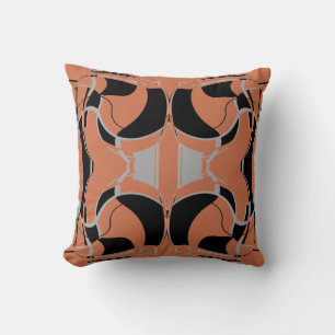 Black Gray on Burnt Orange Symmetrical Pattern Throw Pillow