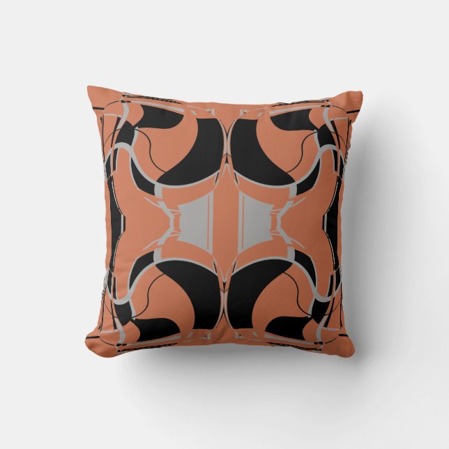 Black Gray on Burnt Orange Symmetrical Pattern Throw Pillow (Front)