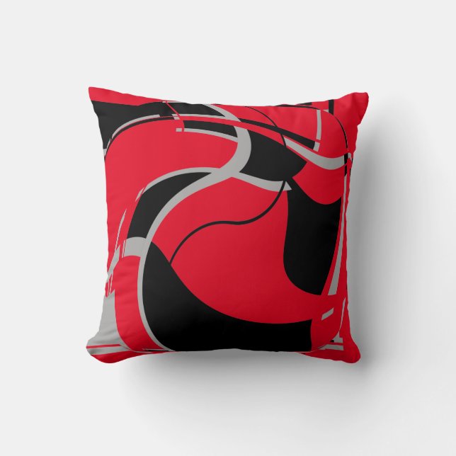 Black Gray on Red Swirling Art Design MCM Look Throw Pillow (Front)