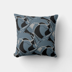 Black Gray on Slate Blue Swirling Art Circles Moti Throw Pillow
