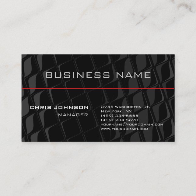 Black Gray Pattern Red Line Trendy Business Card (Front)