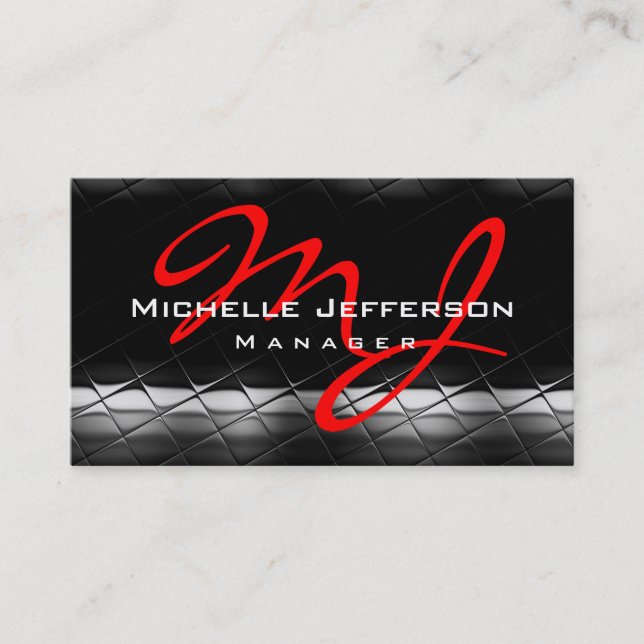Black Gray Pattern Red Monogram Business Card (Front)
