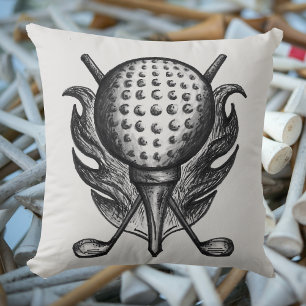 Black Gray Pen and Ink GOLF Ball Tee Clubs Sports Throw Pillow