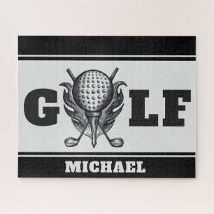 Black Gray Personalized GOLF Ball Tee Clubs Sports Jigsaw Puzzle