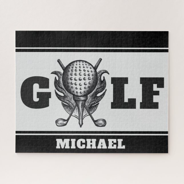 Black Gray Personalized GOLF Ball Tee Clubs Sports Jigsaw Puzzle (Horizontal)