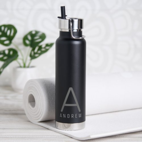 Black Gray Personalized Modern Simple Monogram Water Bottle