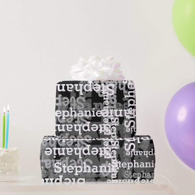 Black/Gray Personalized Name Collage Birthday Wrapping Paper (Party Gifts)