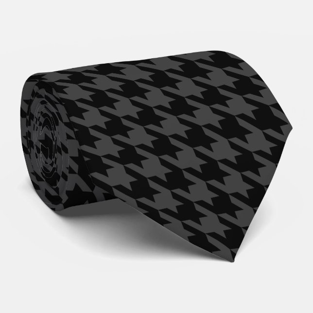 Black Gray Pied de Poule Houndstooth Neck Tie (Rolled)