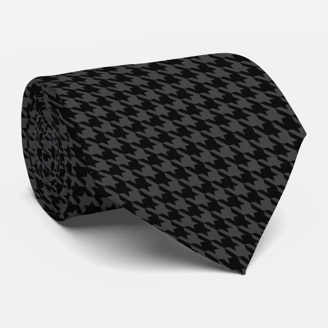 Black Gray Pied de Poule Small Houndstooth Neck Tie (Rolled)