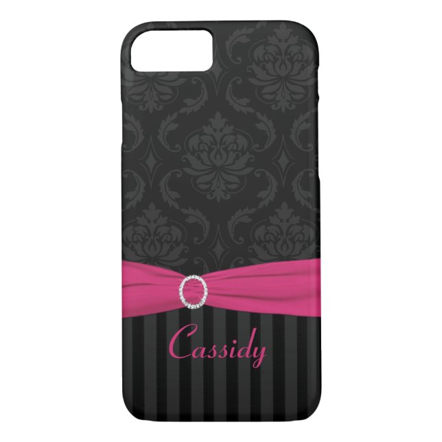 Black Gray Pink Damask Striped iPhone 7 Case (Back)