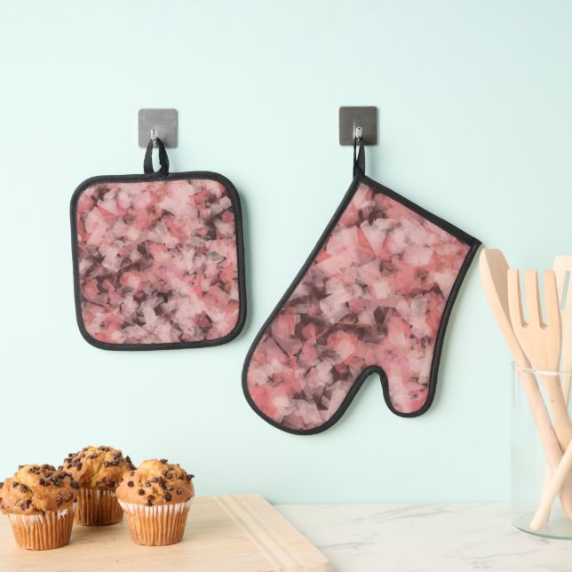 Black Gray Pink White Modern Geometric Abstract  Oven Mitt & Pot Holder Set (Insitu(Hanging))