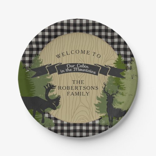 Black Gray Plaid Cabin Rustic Hunting Deer Antler Paper Plates