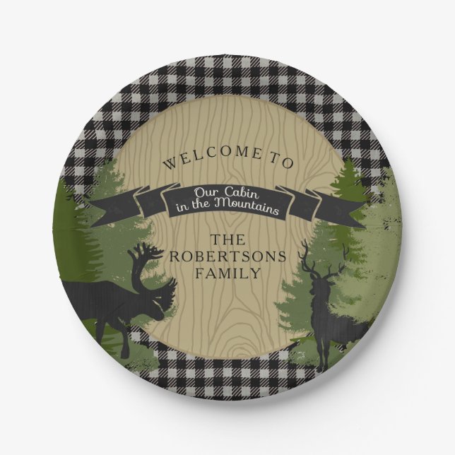 Black Gray Plaid Cabin Rustic Hunting Deer Antler Paper Plates (Front)