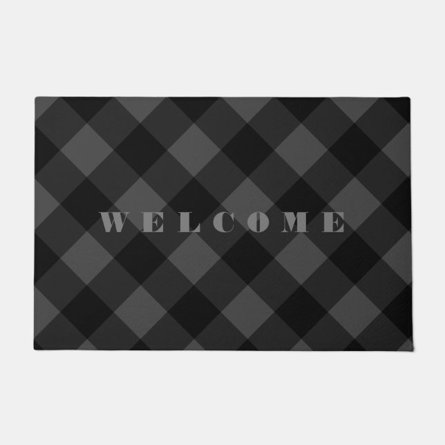Black Gray Plaid Check Doormat Welcome (Front)