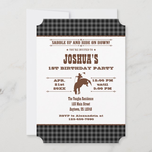 Black Gray Plaid Cowboy Rodeo Birthday Invitation (Front)