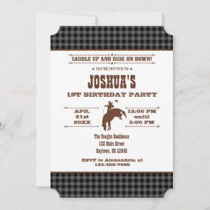 Black Gray Plaid Cowboy Rodeo Birthday Invitation
