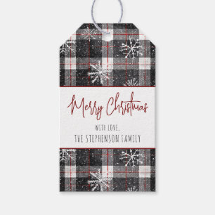 Black Gray Plaid Snowflakes Merry Christmas Gift Tags