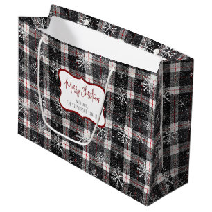 Black Gray Plaid Snowflakes Personalized Large Gift Bag