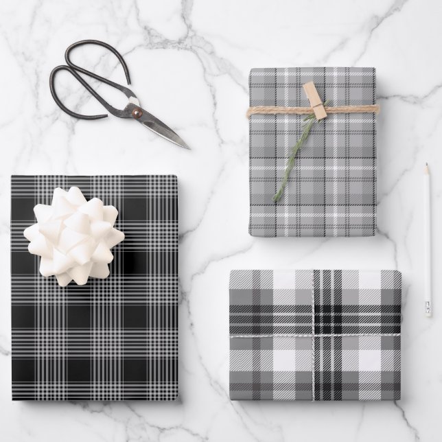 Black & Gray Plaid Wrapping Paper Sheet Set (Front)