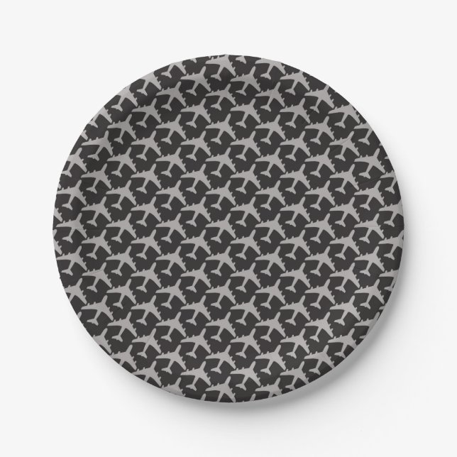Black Gray Plane Airplanes Pilot Plane Aviation Paper Plates (Front)