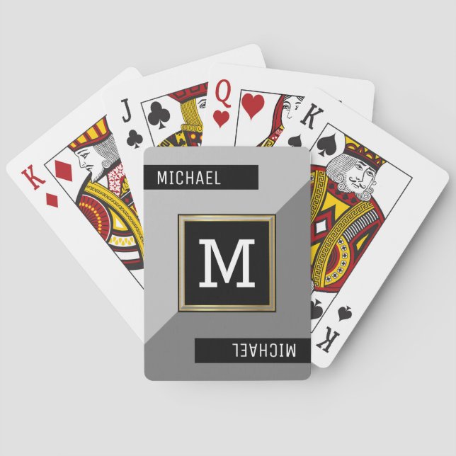 Black Gray Playing Cards with Monogram (Back)