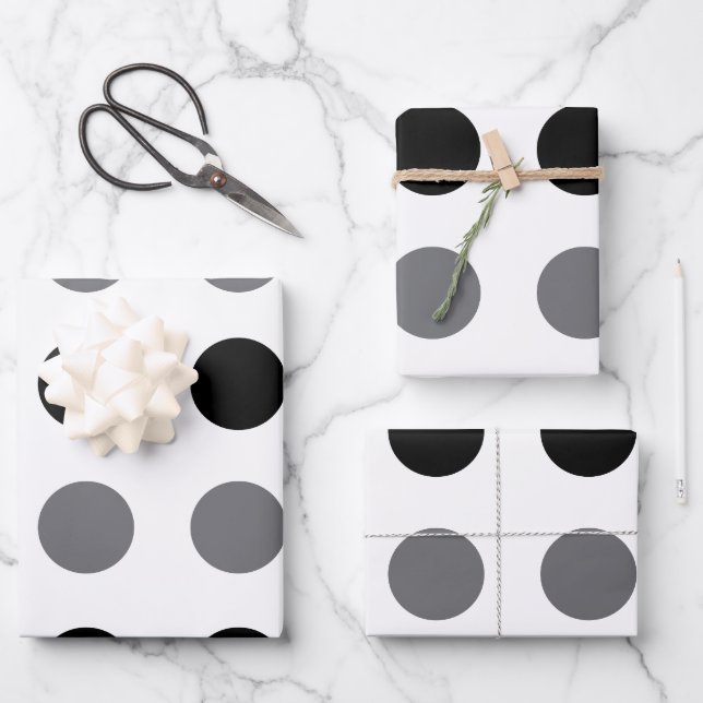 Black Gray Polka Dot Baby Shower Birthday Wrapping Paper Sheets (Front)