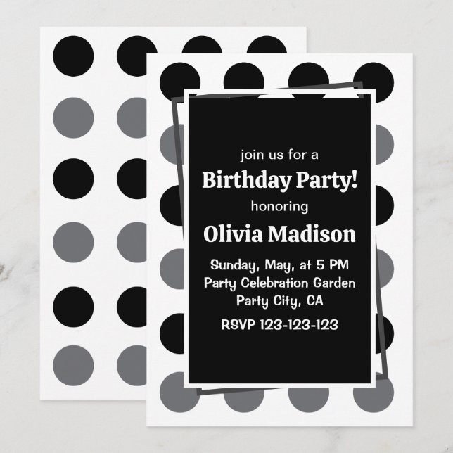 Black Gray Polka Dot Birthday Party Invitation (Front/Back)
