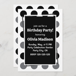 Black Gray Polka Dot Birthday Party Invitation