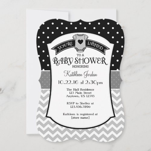 Black Gray Polka Dot Chevron Baby Shower Invite