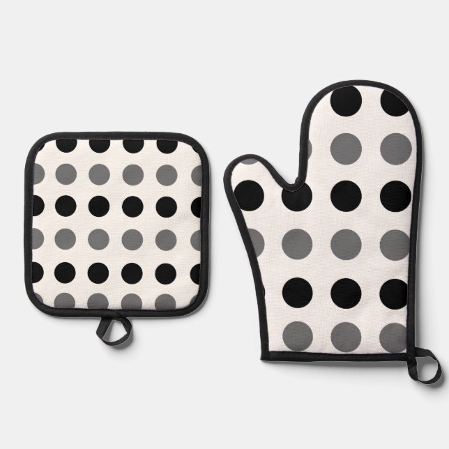 Black Gray Polka Dot  Oven Mitt & Pot Holder Set (Front)