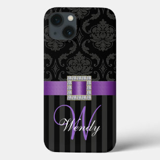 Black Gray Purple Damask Stripes Pattern iPhone 13 Case