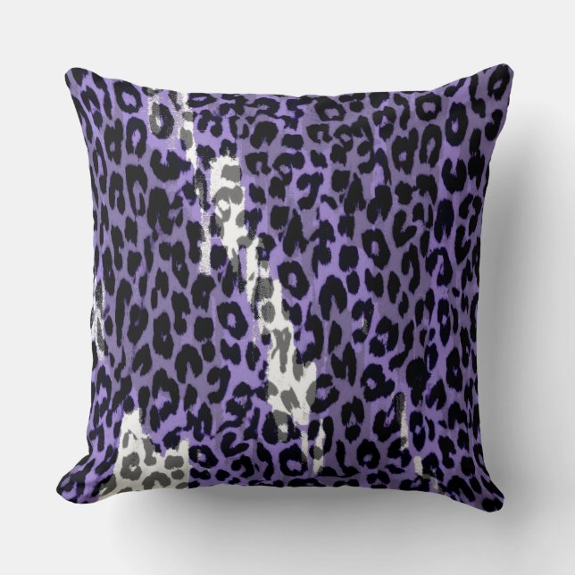 Black Gray Purple Leopard Print Skin Throw Pillow (Front)