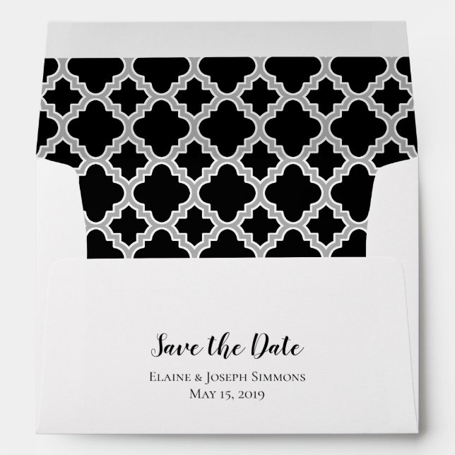Black Gray Quatrefoil Save The Date Envelope (Back (Bottom))