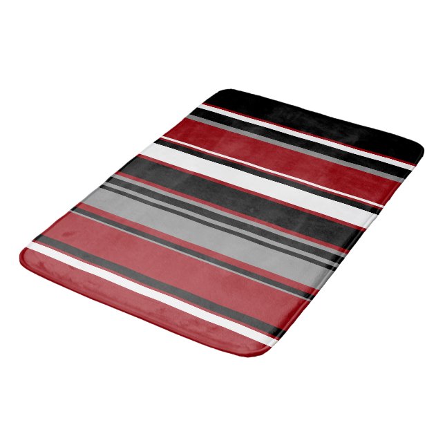 Black, Gray Red and White Stripes Bath Mat (Angled)