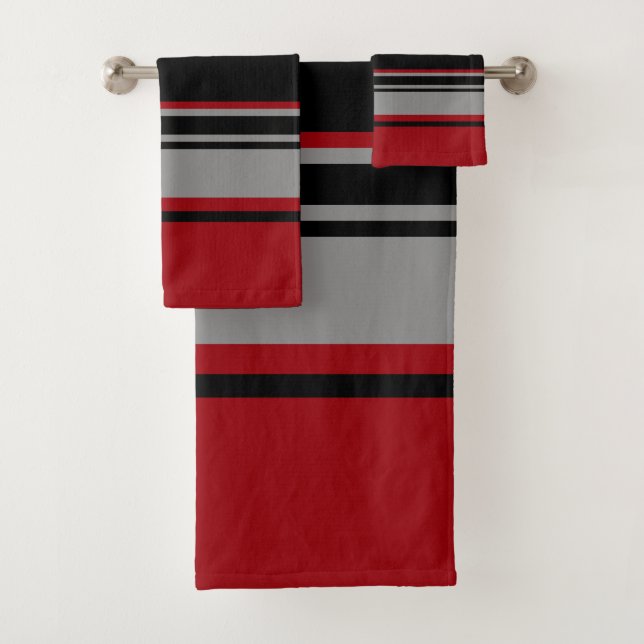Black, Gray Red and White Stripes Bath Towel Set (Insitu)