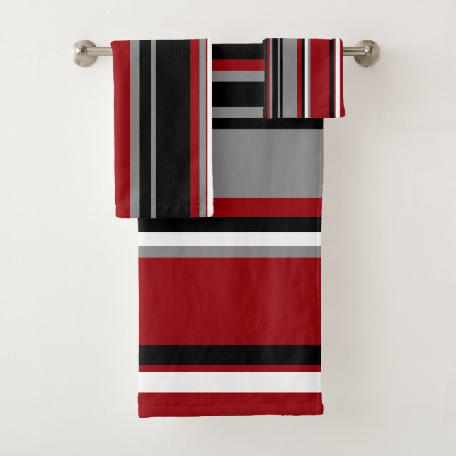 Black, Gray Red and White Stripes Bath Towel Set (Insitu)
