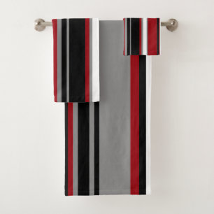 Black, Gray Red and White Stripes  Bath Towel Set