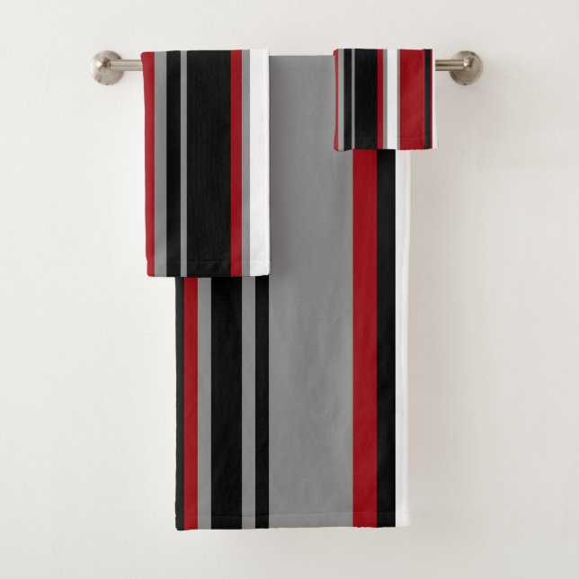 Black, Gray Red and White Stripes  Bath Towel Set (Insitu)