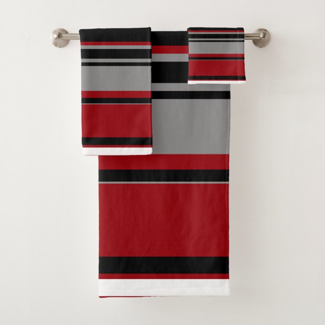 Black, Gray Red and White Stripes Bath Towel Set (Insitu)