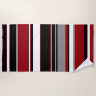 Black, Gray Red and White Stripes Beach Towel