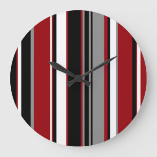Black, Gray Red and White Stripes Large Clock
