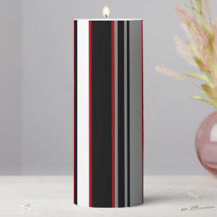 Black, Gray Red and White Stripes   Pillar Candle