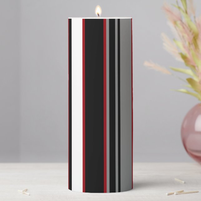 Black, Gray Red and White Stripes   Pillar Candle (In Situ)