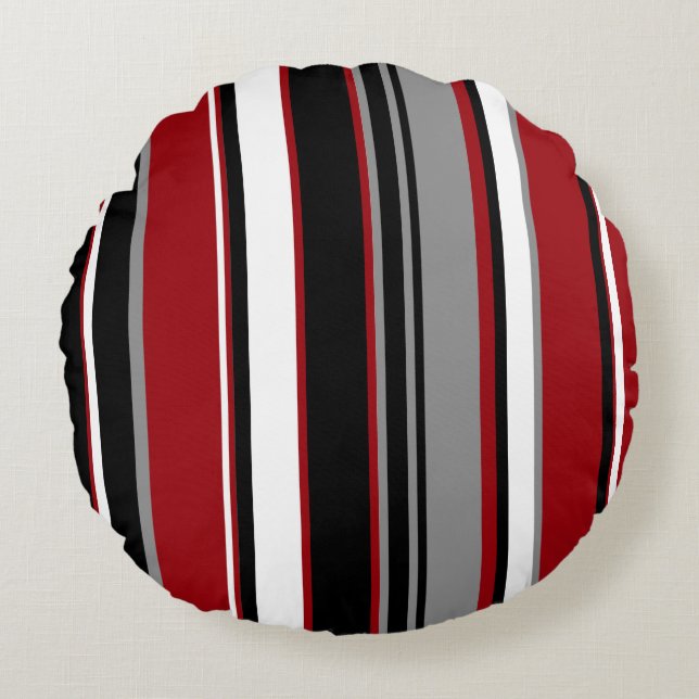 Black, Gray Red and White Stripes   Round Pillow (Front)