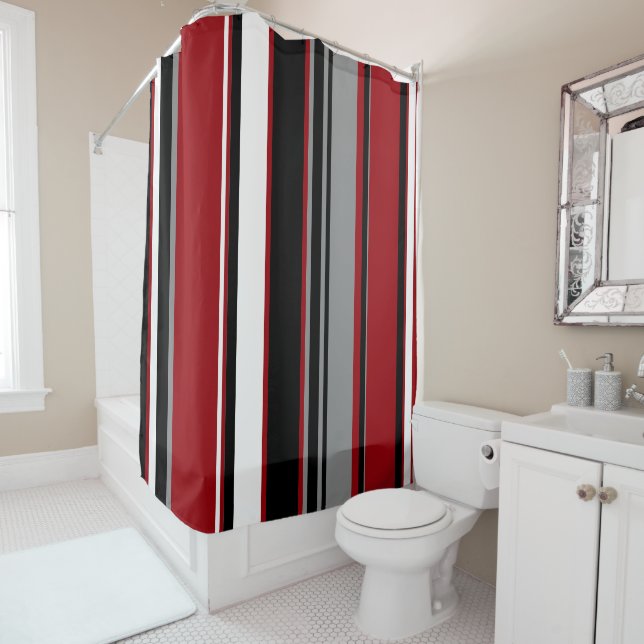Black, Gray Red and White Stripes Shower Curtain (In Situ)