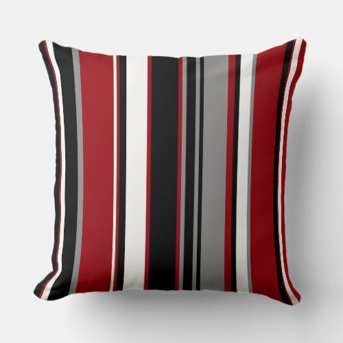 Black Gray Red and White Stripes Throw Pillow