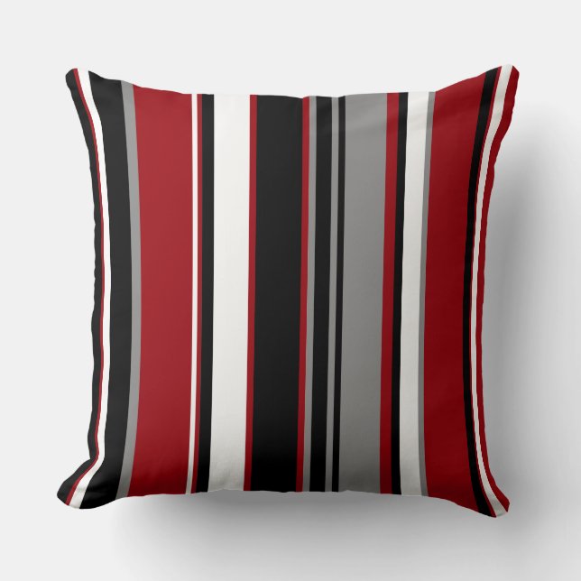 Black, Gray Red and White Stripes Throw Pillow (Front)