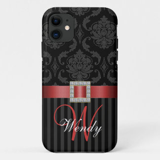 Black Gray Red Damask Stripes Pattern iPhone 11 Case