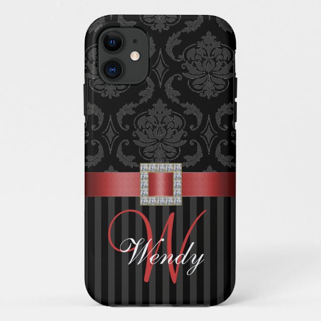 Black Gray Red Damask Stripes Pattern Case-Mate iPhone Case (Back)
